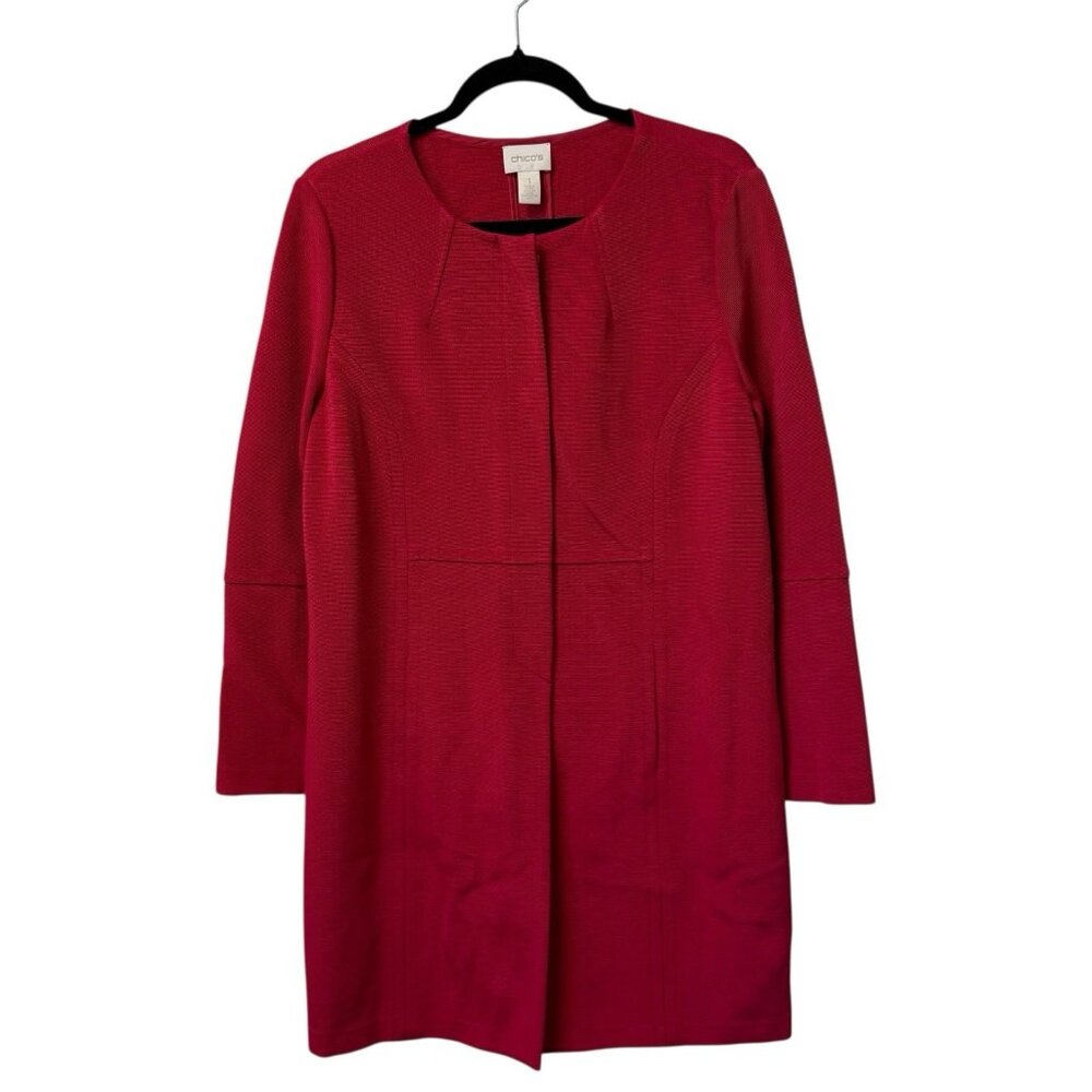 CHICOS LONG SUIT JACKET RED PINK CAREER HOLIDAY LAGENLOOK SIZE 1 MEDIUM CLASSIC